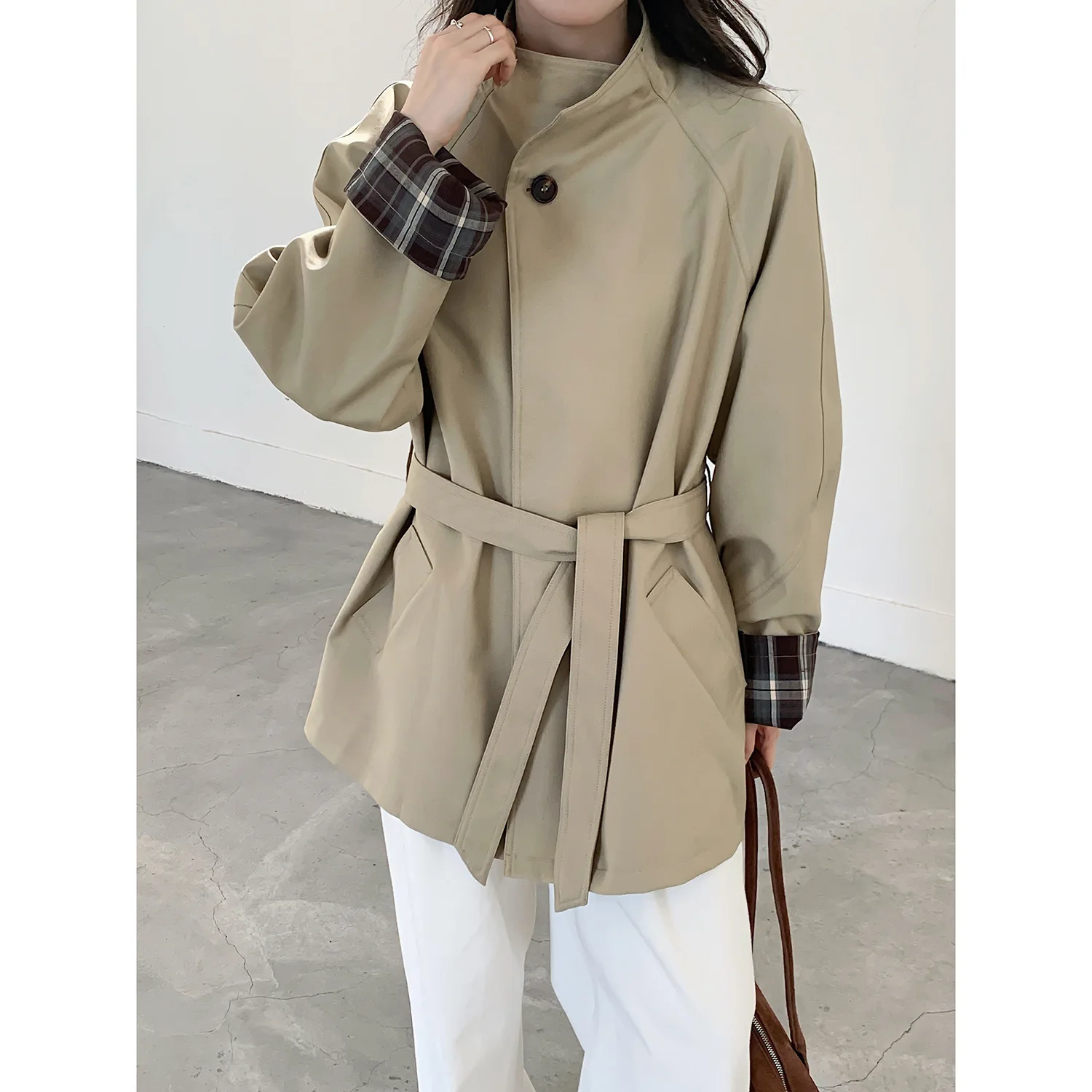 

SuperAen Korean Style Stand-up Collar Trench for Women 2026 Spring and Autumn New Simple Solid Loose Mid-length Coat