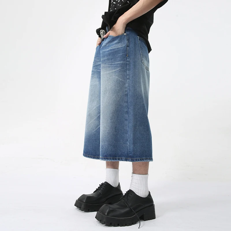 Summer New Fashion Men's Denim Shorts Casual Straight Leg Loose Wide Leg Jeans Over Knee Length Trendy Male Jorts