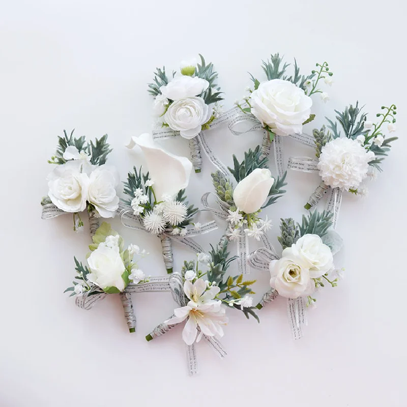 Boutonnière et corsage de poignet pour mariage, art floral, réunion d'affaires, invités d'ouverture, gris, blanc, forêt, série 482