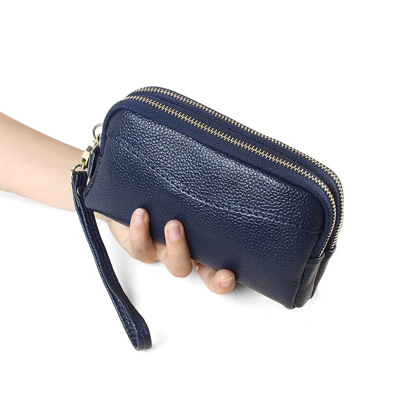 Damen-Handgelenktasche aus echtem Leder mit doppeltem Reißverschluss, großes Fassungsvermögen, weibliche Clutch-Geldbörse, Telefonkartenhalter, hohe Qualität