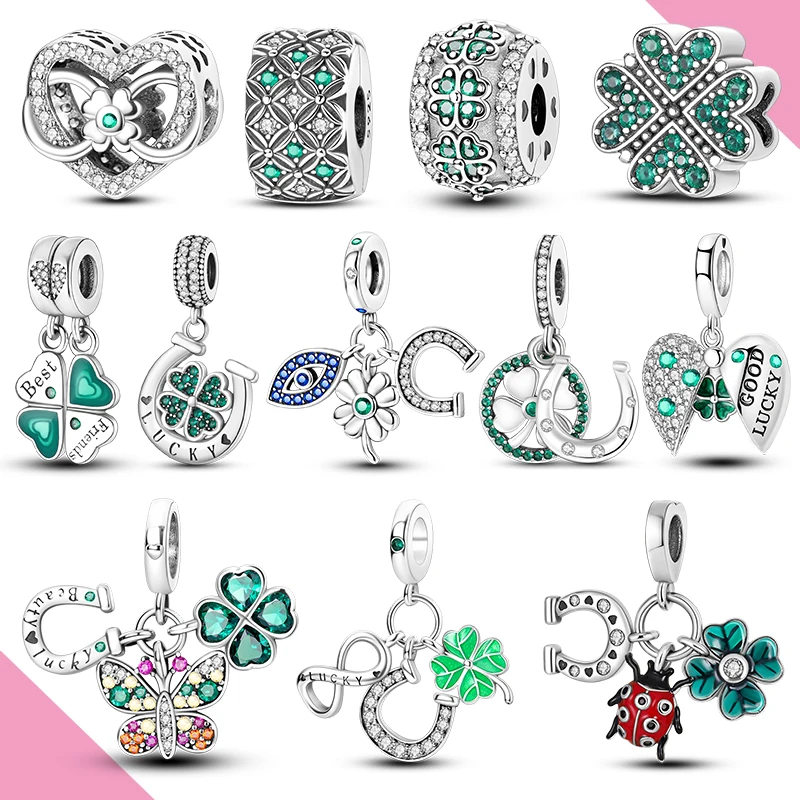Charm-Perle aus 925er Silber, grünes Kleeblatt, Glücksbringer, passend für Armband-Anhänger, Herstellung für Damenschmuck