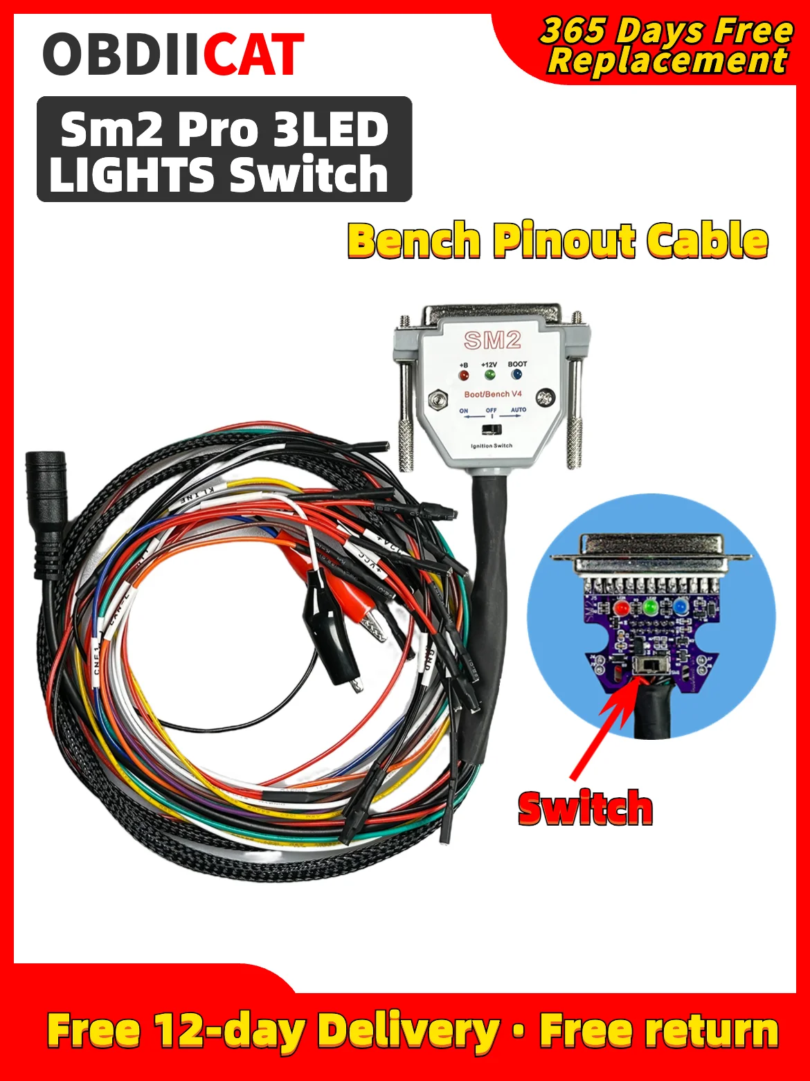 3LED Sm2 Pro LIGHTS Switch Bench Cable ECU Bench Pinout Cable for SM2 PRO J2534 VCI Read and Write ECU BATT VCC KLINE CAN-L CAN