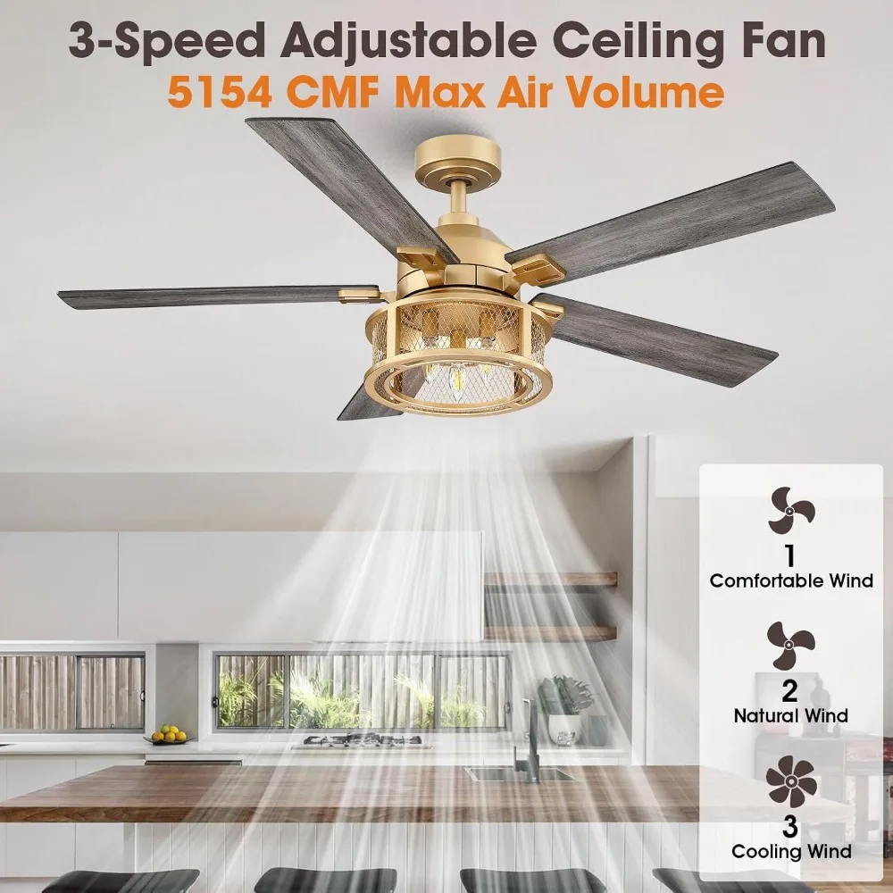 52 in Vintage Gold Ceiling Fan with Light Remote, 5 Blades, Reversible Motor for Living Room