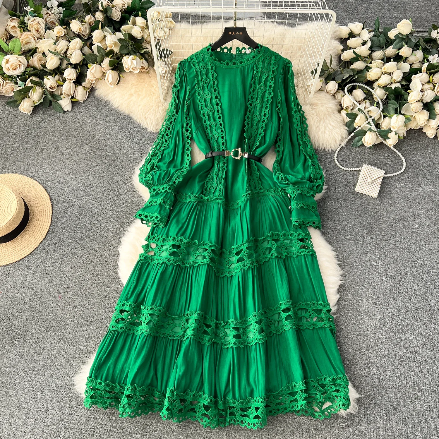 French Vintage Lace Hollow Patchwork Long Puff Sleeves O Neck Sashes Dress Casual Women Fashion Spring Autumn Vacation Clothing