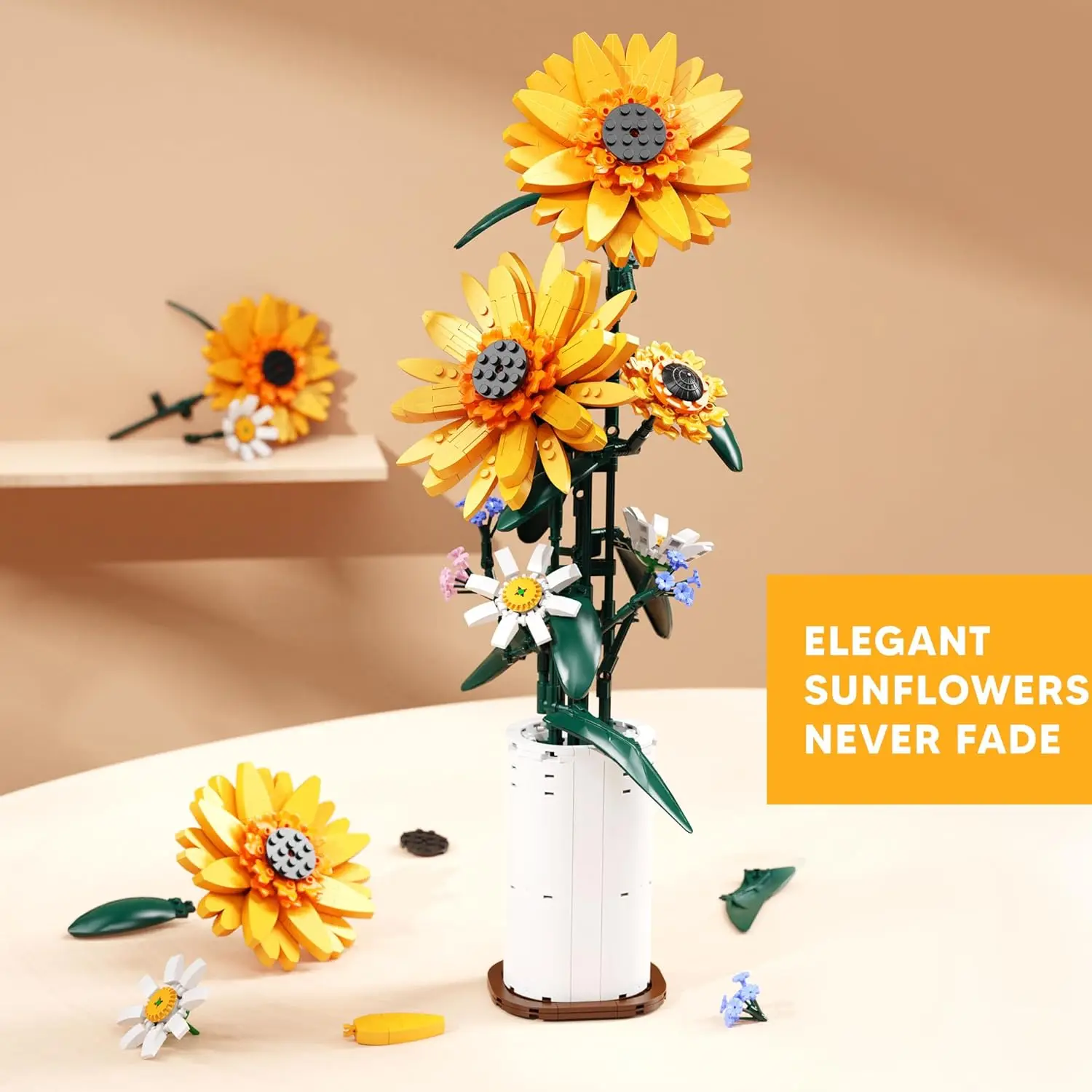 

821Pcs Sunflower Bouquet Building Blocks Set with Vase, Flower Garden Home Decor for Adults, Mother's day Gift