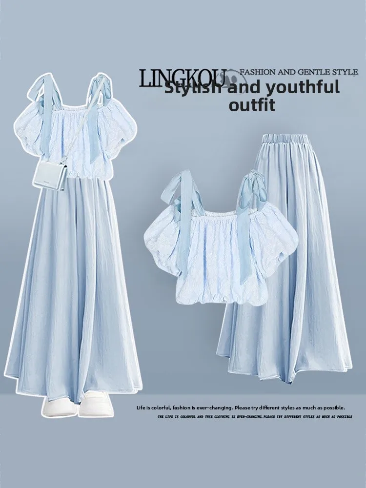 甘いショート恋人ショルダー夏服女性のツーピースセット優しいスタイルハイウエストカジュアルパンツ耐久性のある素材