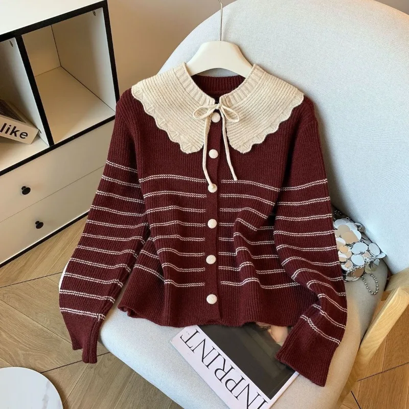 التباين اللون دمية طوق شال مخطط سترة مشغولة من الصوف المرأة الخريف الشتاء جديد التنقل فضفاض تنوعا سترة سترة #3