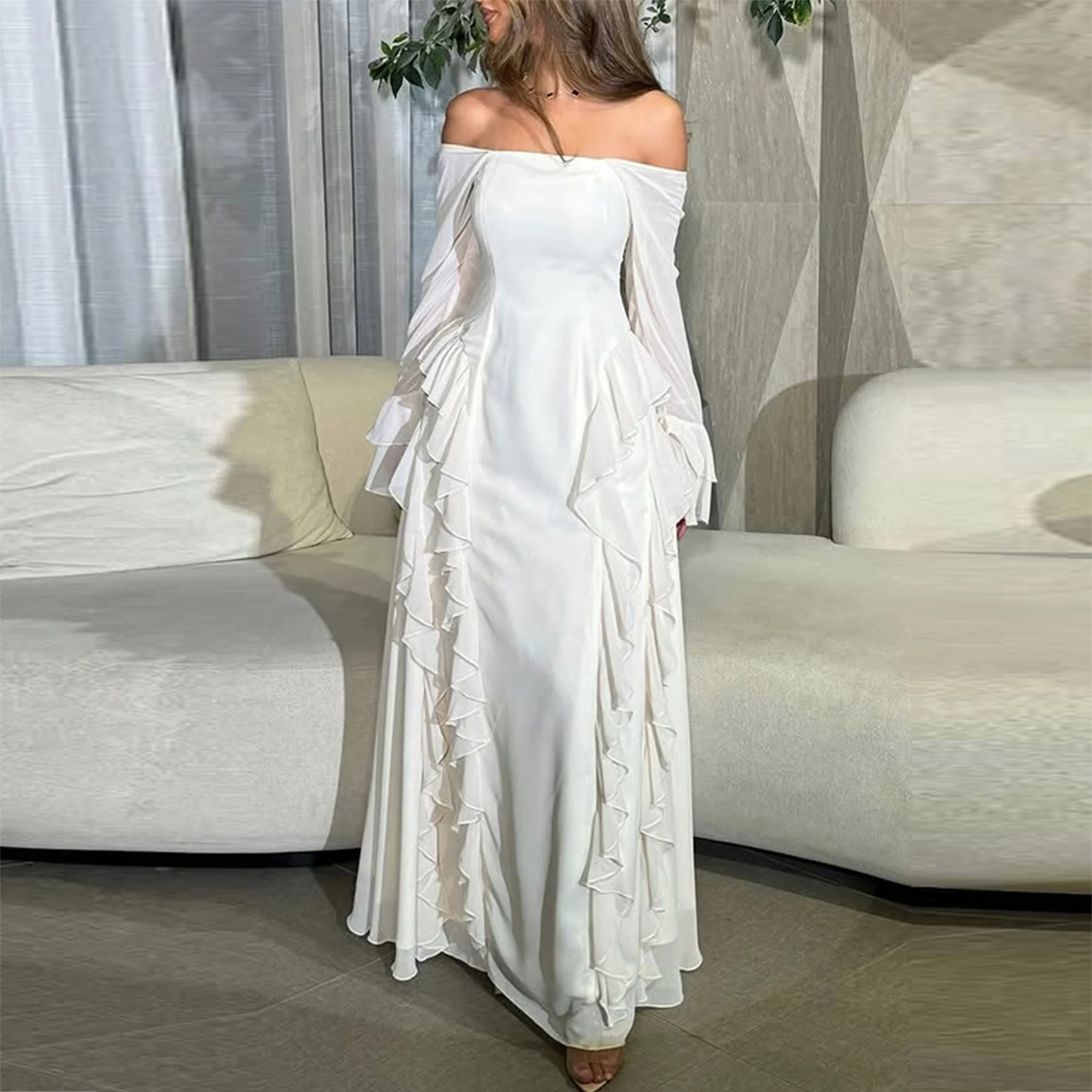 Biała suknia balowa z odkrytymi ramionami, długie rękawy, falbany, linia A, suknie wieczorowe, suknia na przyjęcie weselne, odzież formalna damska.