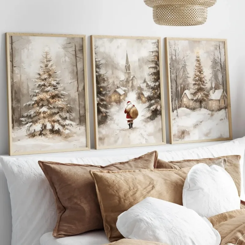 Vintage Christmas Wall Art 3pcs, Neutral Winter Snow Forest Canvas Prints, Xmas Santa Cottage Poster, Home Decor for Living Room