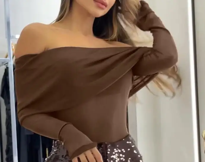 

Элегантный сексуальный складной топ с открытыми плечами и длинными рукавами, сетчатый топ с манжетами для большого пальца, женская одежда