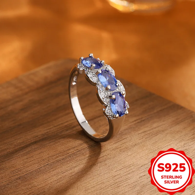 Light Luxury and Personalized Authentic S925 Silver Oval Blue Zircon Temperament Elegant and Exquisite Women's Ring