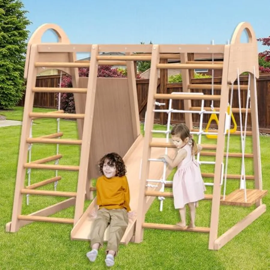 

7 in 1 Wooden Jungle Gym Play Gym for Toddlers Ages 4-8 Indoor Outdoor Slide Climbing Wall Rope Climber Rings Swing Climbing Pl