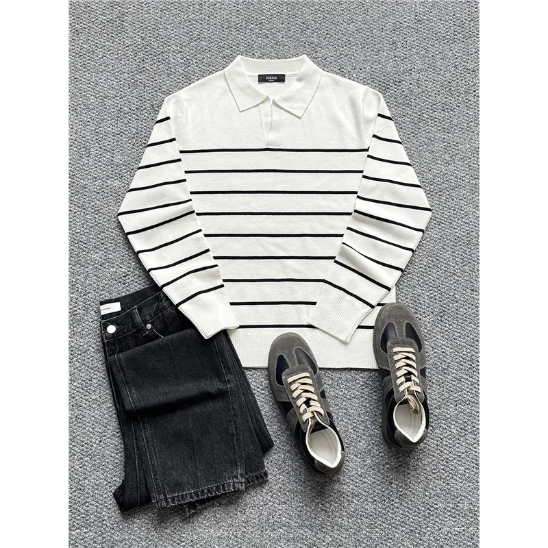 

Autumn Winter Faionable Striped Ne Knitted Sweater Men Soft Long Sve Casual Versatile Men's Top Easy to Wear