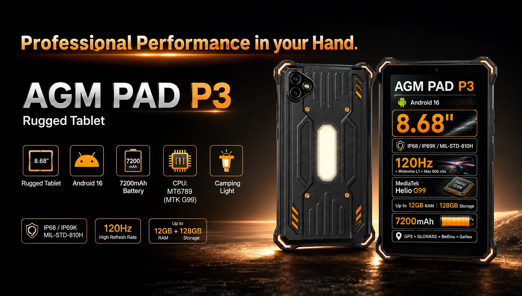 AGM P2 Active 11" FHD Rugged Tablet IP68 Waterproof/Dustproof 8GB RAM+256GB Android 14, G99, Widevine L1 P2W Durable Pad