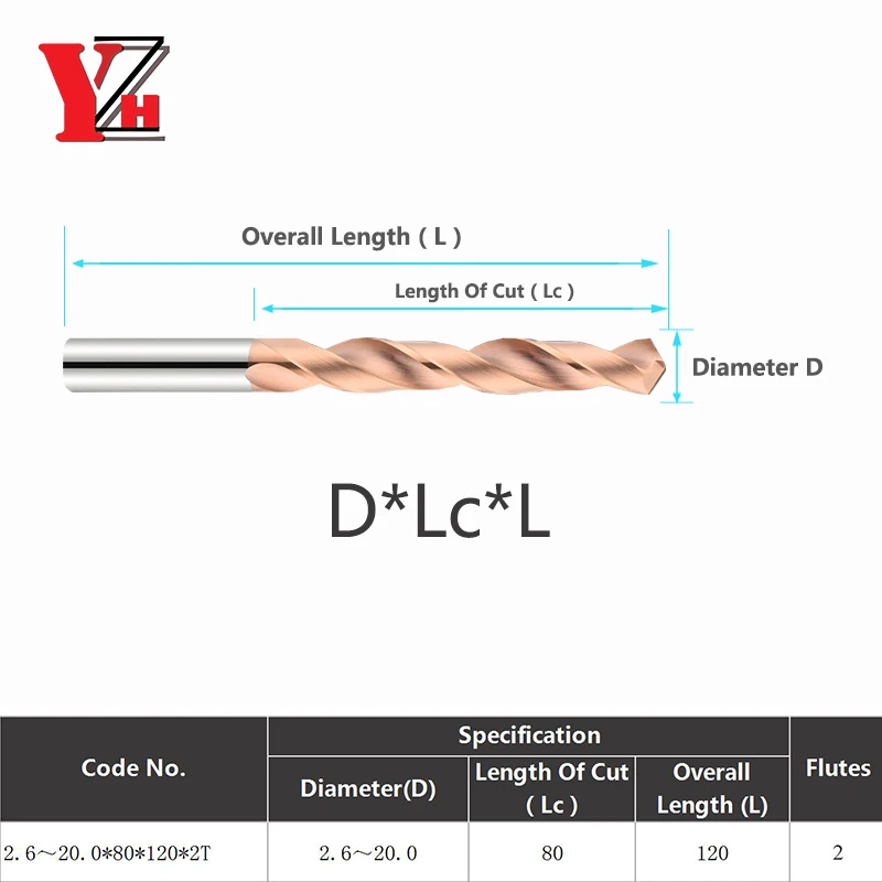 YZH Carbide Twist Drill Total Length 120mm Solid Tungsten Bits HRC55 CNC Straight Handle Drilling Hole For Metal Iron Steel