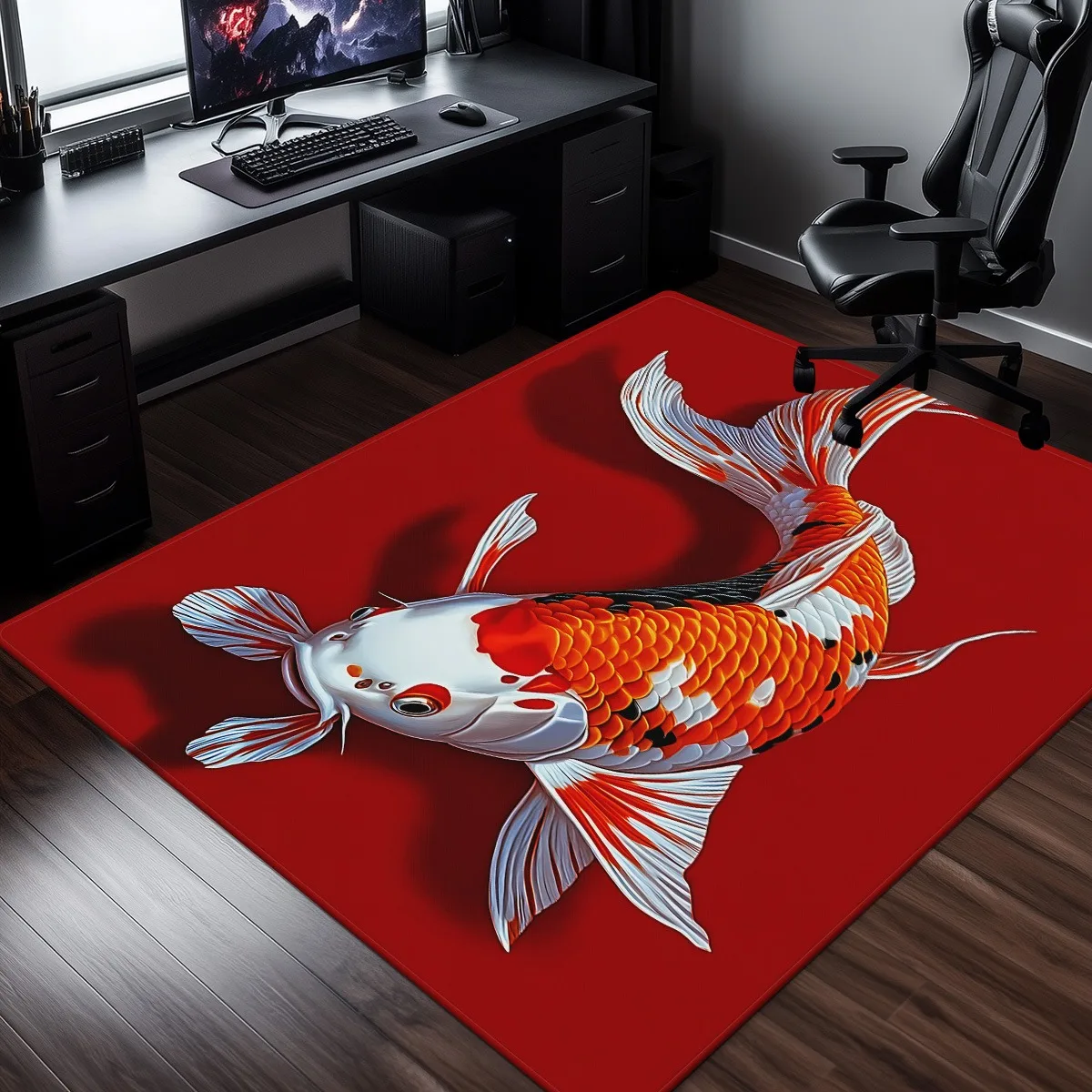 Koi Fish Red Background Crystal Velvet Rug Japanese Zen Design Living Room Bedroom Floor Mat Feng Shui Symbol Decor