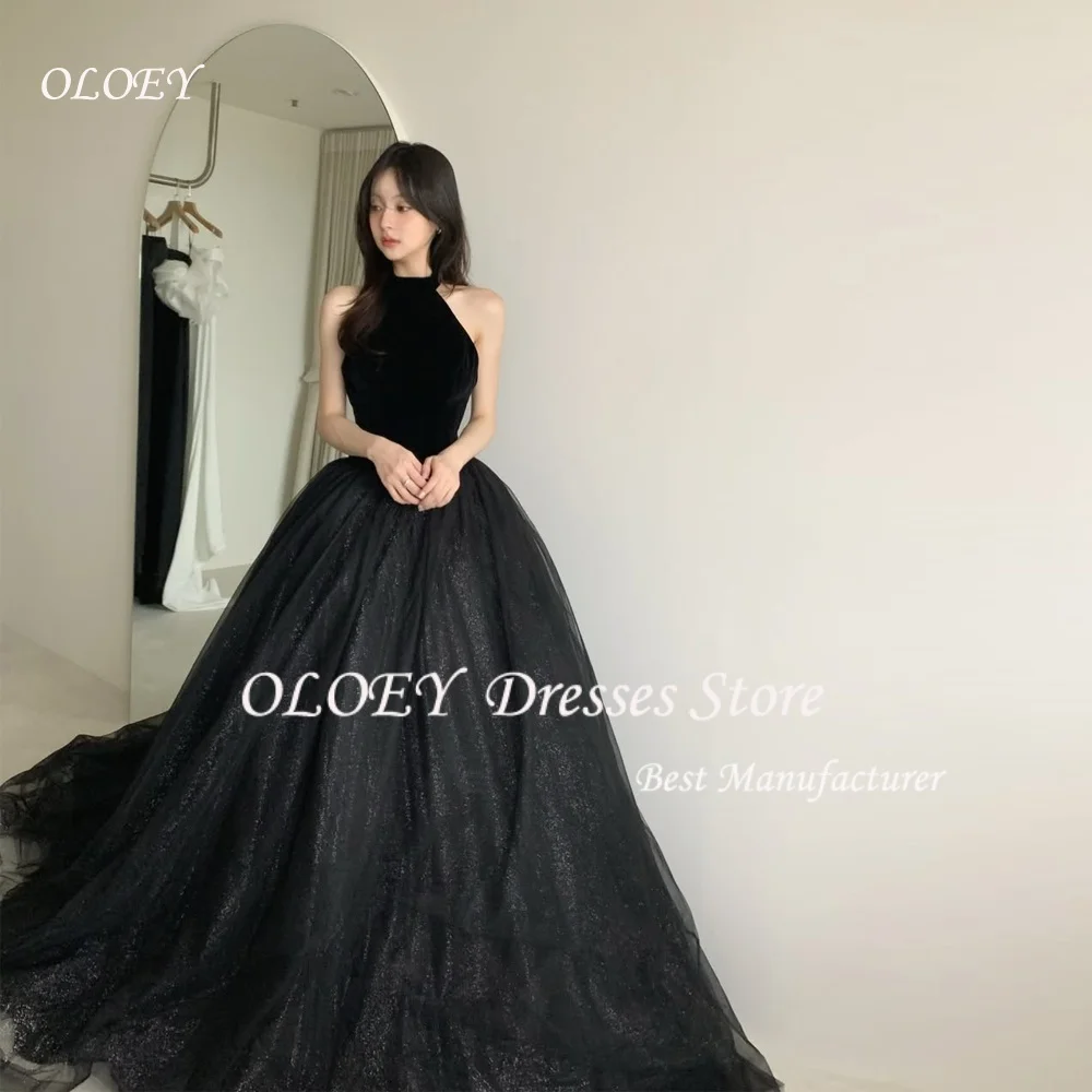 فستان OLOEY أسود على شكل حرف a مع رسن لامع للحفلات الراقصة من التول كوريا لحفلات الزفاف وأداء التقطت الصور ثوب مسائي فاخر مخصص