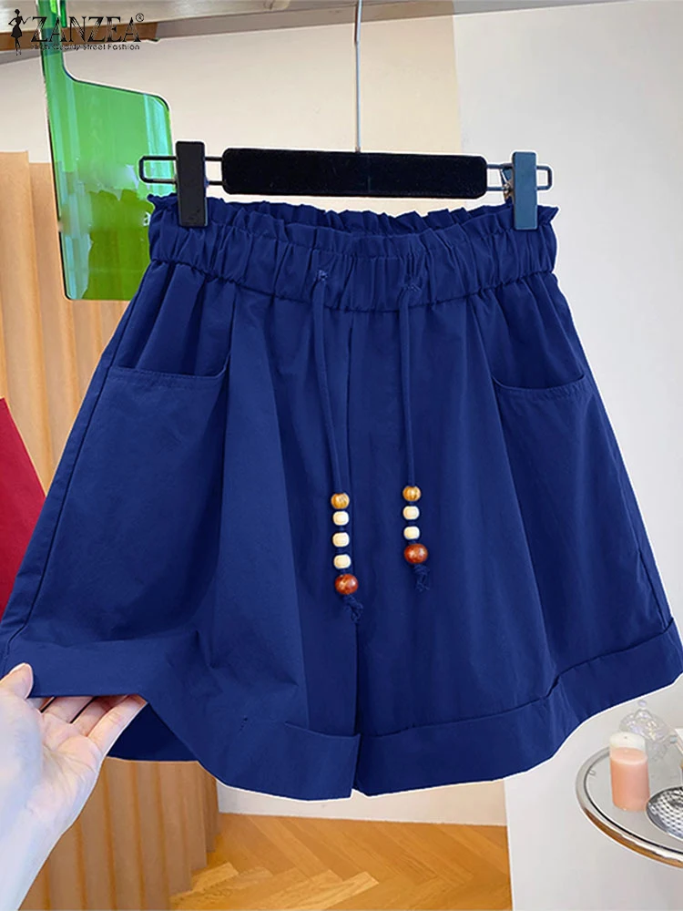 ZANZEA Woman Loose Wide-Leg Shorts 2025 Summer Casual Beaded Elastic High Waist A-Line Short Pants Day Wear Solid Color Bottoms