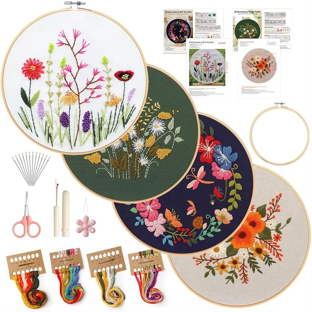 

4 Pack Embroidery Kit for Beginners Adults, Cross Stitch Kits with Flower Stamped Patterns, Embroidery Hoop, Tools, Colorful