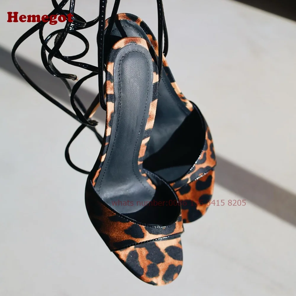 

Leopard Lace Up Stiletto Sandals Slingback Open Toe Thin Heels Cross Strappy Women's Sandals Summer Newest Design Runway Shoes