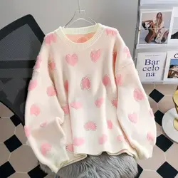Pink Heart Pearl Knitted Sweater Women Coats Pullovers O Neck Long Sleeve Sweet Girls Korean Kawaii Clothes Winter Warm Jumpers