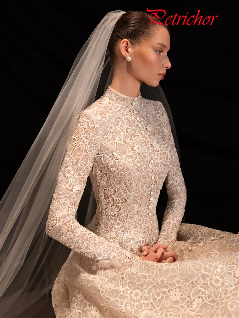 تخصيص حالمة العاج الدانتيل زي العرائس الكلاسيكية س الرقبة طويلة الأكمام فستان الزفاف الرسمي ألف خط ذيل شابيل Vestido De Novia #4