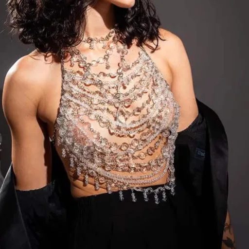 Transparent Crystal Beading Camis Tops Vest Bra Chain Jewelry Women Multi-layer Crystal Hollow Tops Breast Chain Night Clubwear
