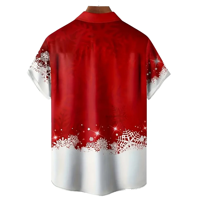 Camisa masculina de botão manga curta, bolso no peito, tecido respirável, padrão festivo, desenhos animados elegantes de Papai Noel e Alce, feriado