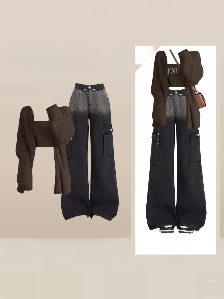 

Зимний модный женский комплект: свитер-кардиган, джинсовая майка, брюки с высокой талией, винтажный повседневный стиль