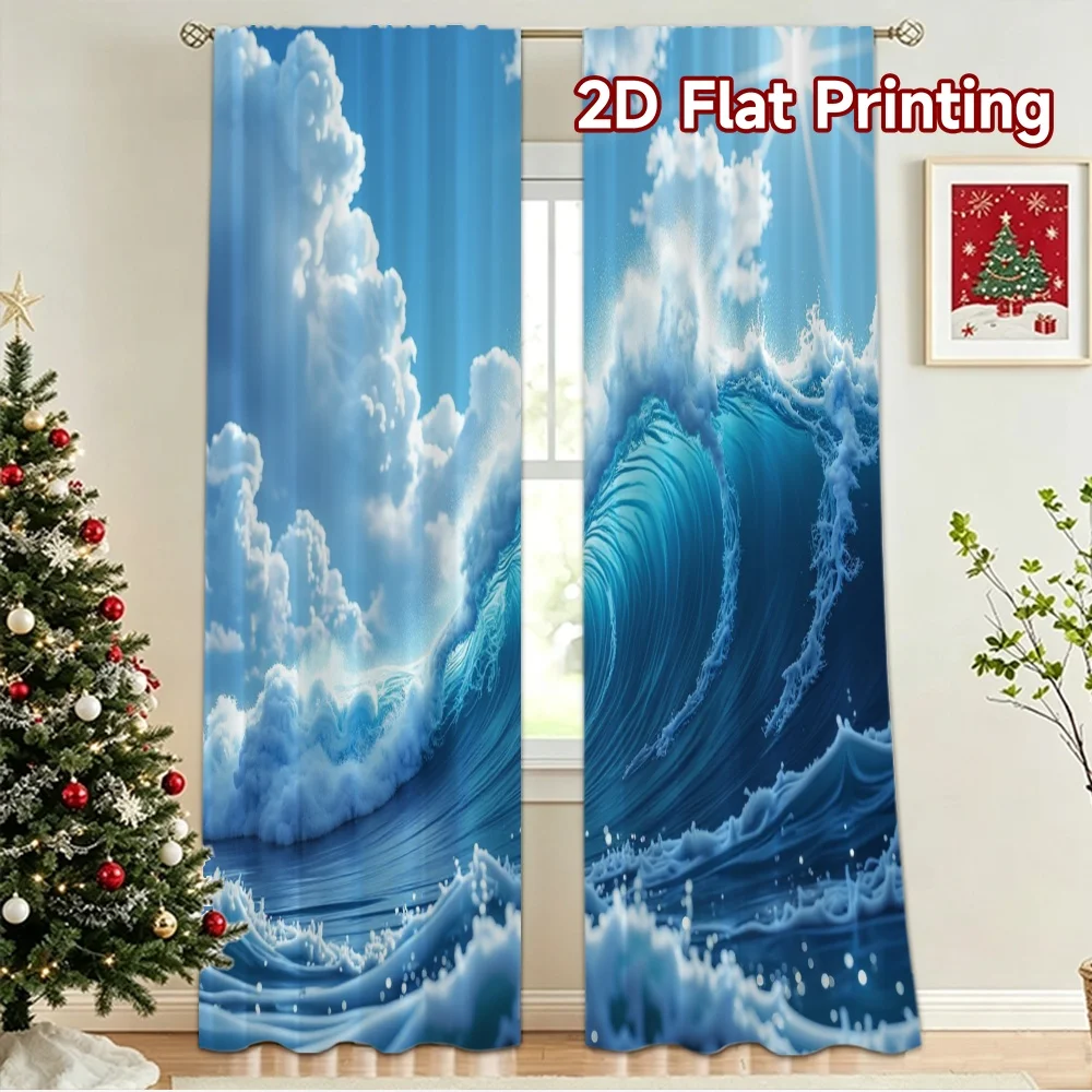 2D flat 2pcs Curtain Modern Minimalist Style Sunny Ocean Wave Digitally printed polyester Party & Holiday Decor Use for Festive