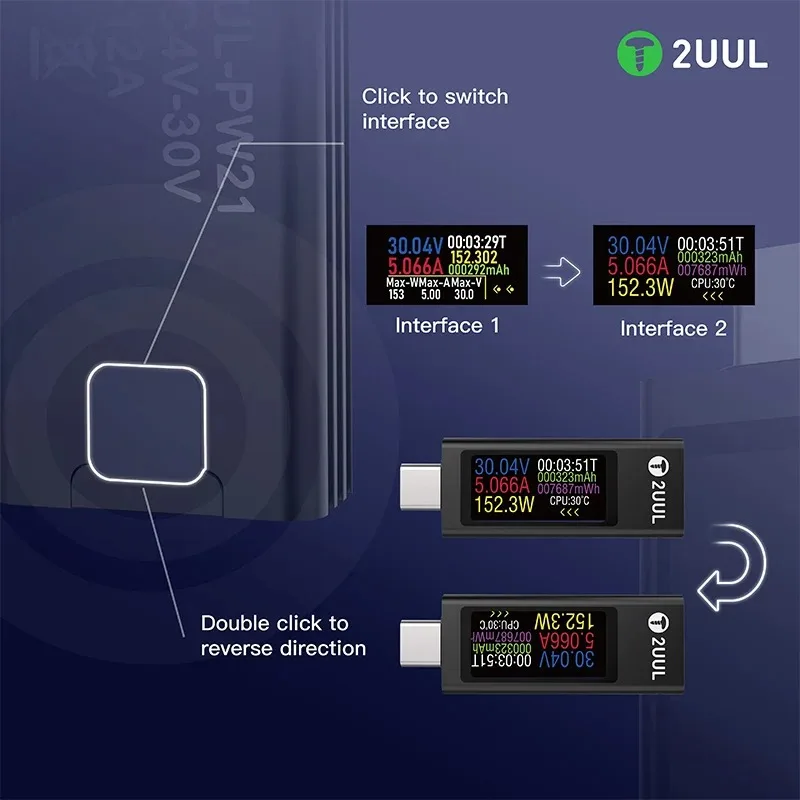 2UUL PW21 Portable Type-C Charging Mate Mini Charging Detector with LCD Screen Fast Detection for Phone/Tablet Charger Testing