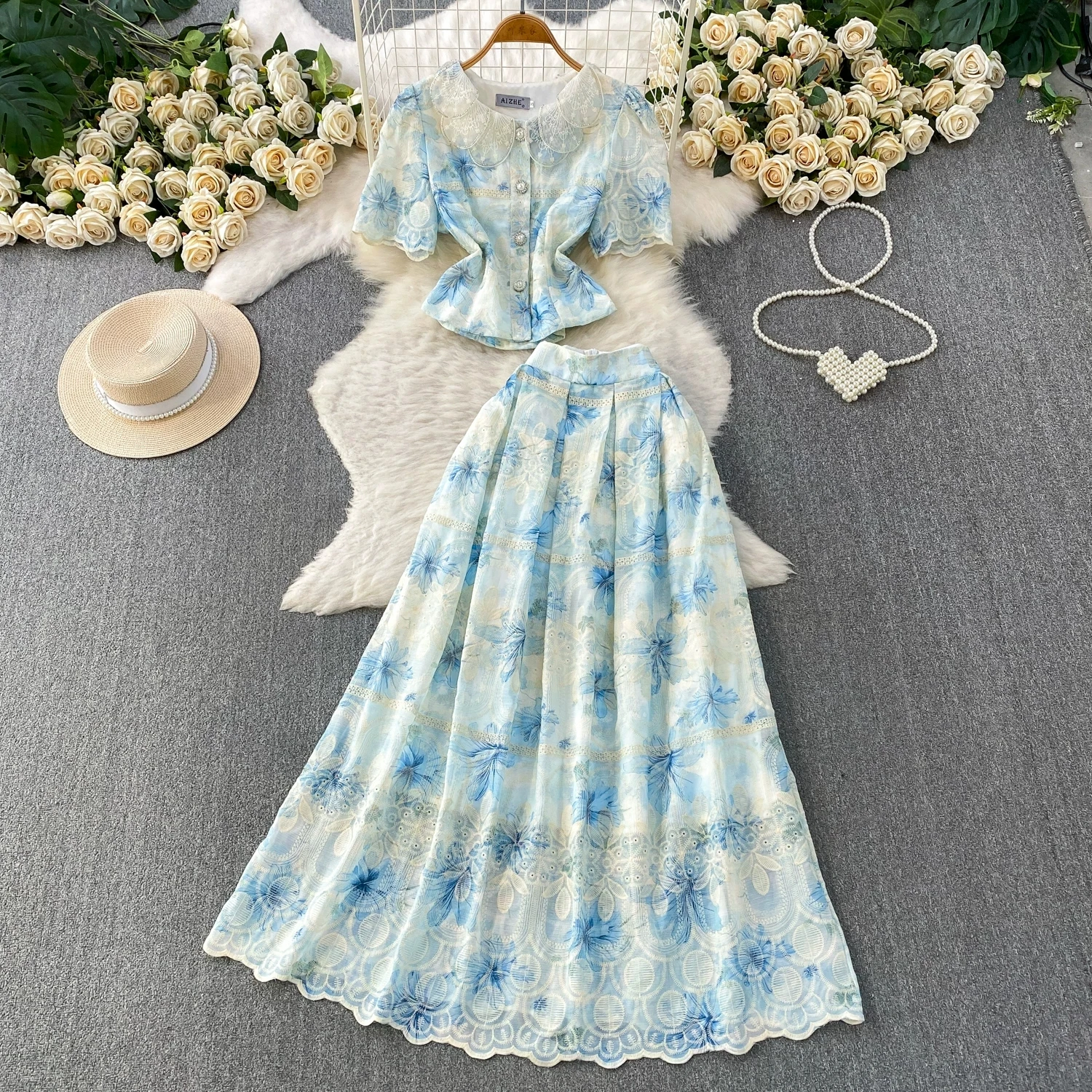 

Summer Elegant Flower Embroidery Lace Two Piece Matching Set Women's Short Sleeve Pearls Button Crop Top Midi Skirts Suits
