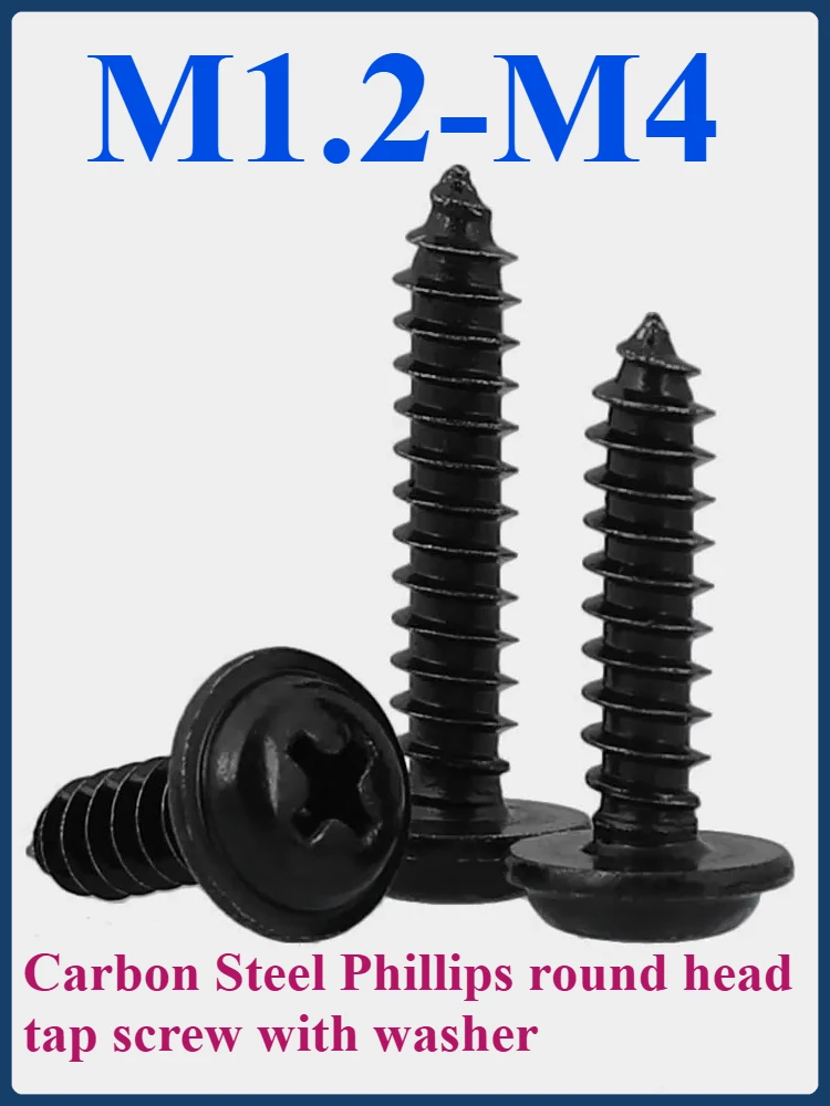 

M1.2 M1.4 M1.7 M2 M2.3 M2.6 M3 M4 PWA black carbon steel cross round head with pad self-tapping screw disc head screw