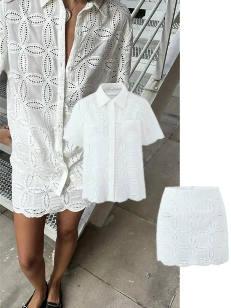 

Retro Lazy Sle Embroidered Lace Hollow out Set Loose ort Sve irt High Waist Bodycon f Length Skirt Faionable En...