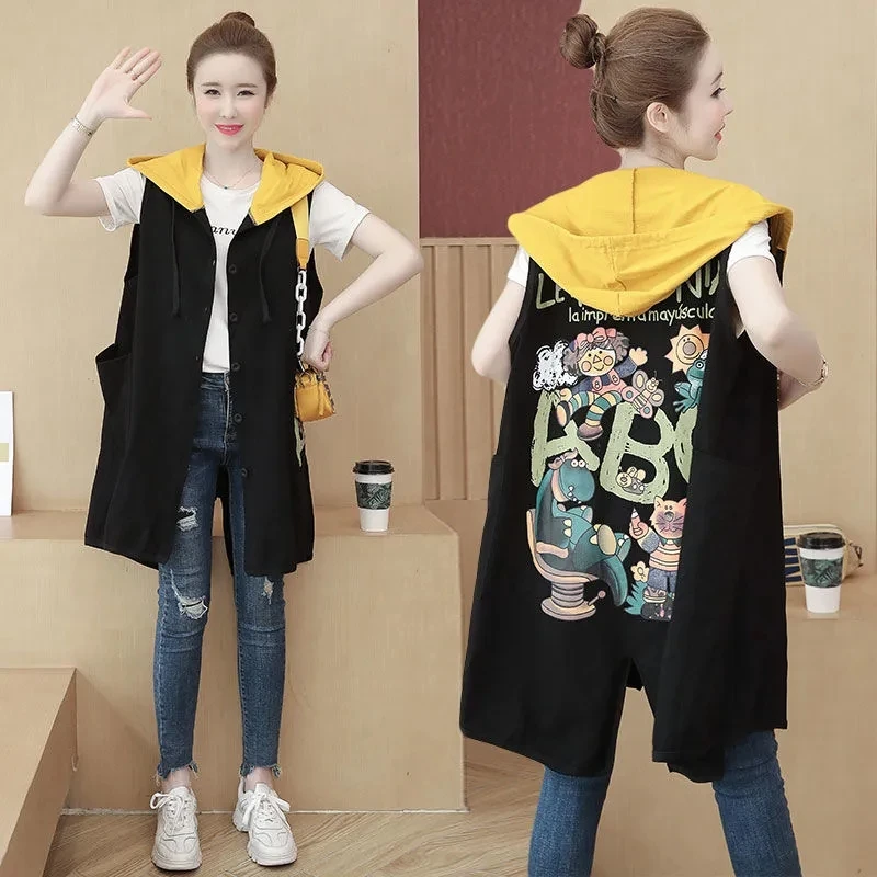 

Hooded Denim Vest Women's Loose 2022 Spring and Autumn New Korean Version Fashion Printing Medium and Long Vest Jacket Trend