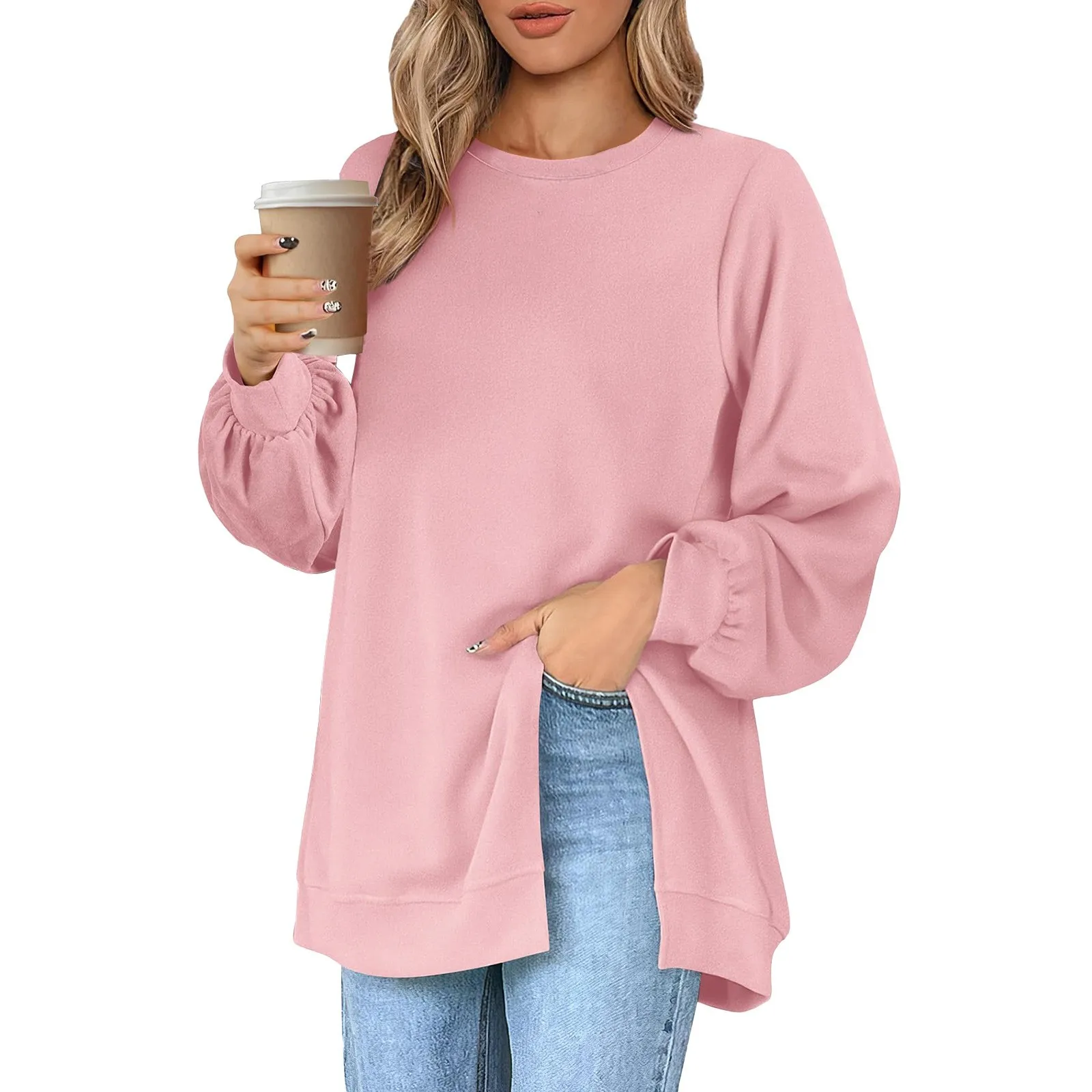 Harajuku Style Solid Color Fashion Round Neck Button Split Sweatshirt Basic Streetwear Loose Long Sleeve Top For Girls