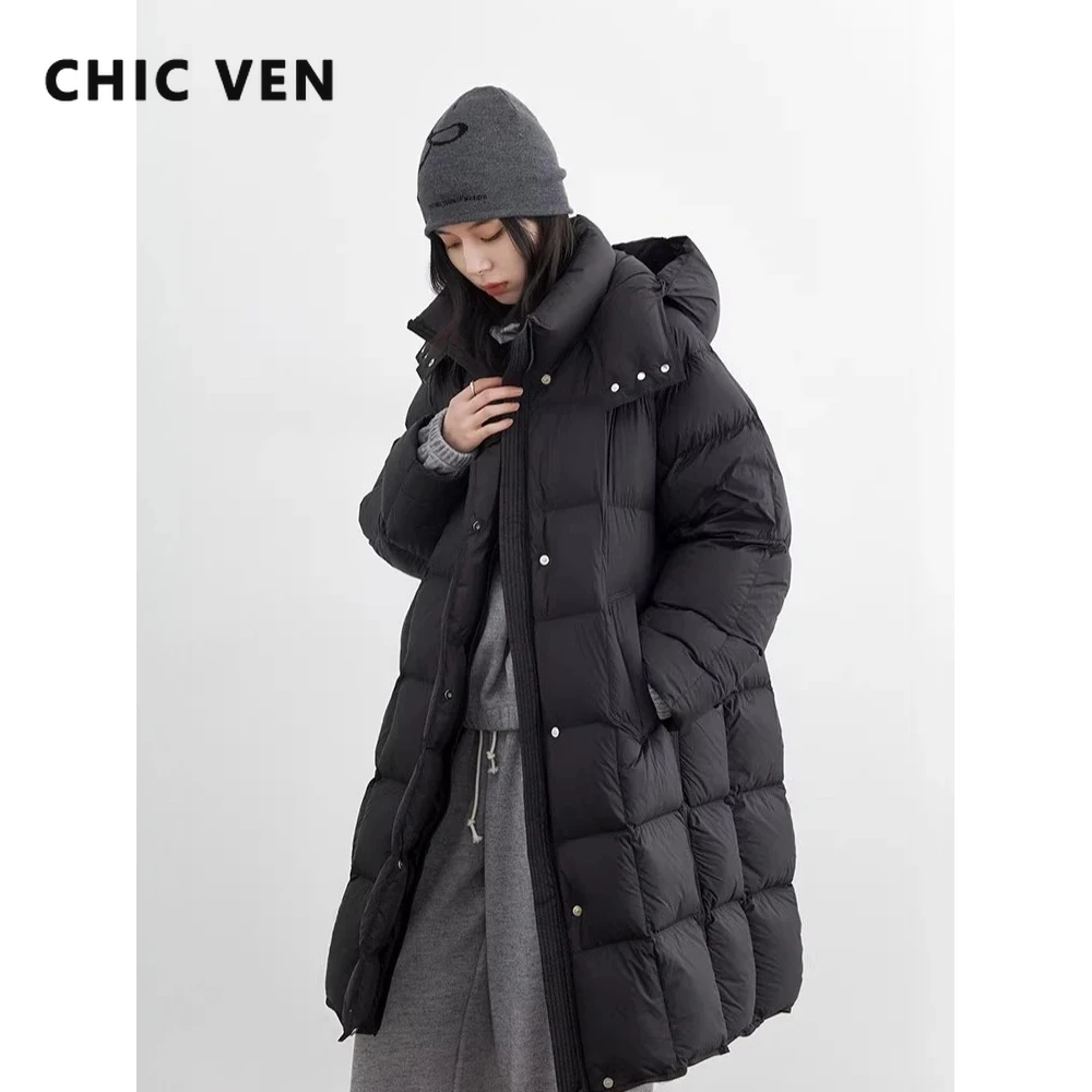 

CHIC VEN Новое женское пуховое пальто с капюшоном средней длины, пышный толстый пуховик женский 90, теплое пальто на белом утином пуху, осень-зима 2026