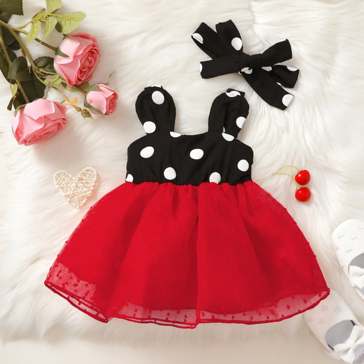 0-18 Months Cute Baby Girl Polka Dot Color Blocked SuspenderSummer Dress and Headband Baby Girl Holiday Party Fashionable Dress