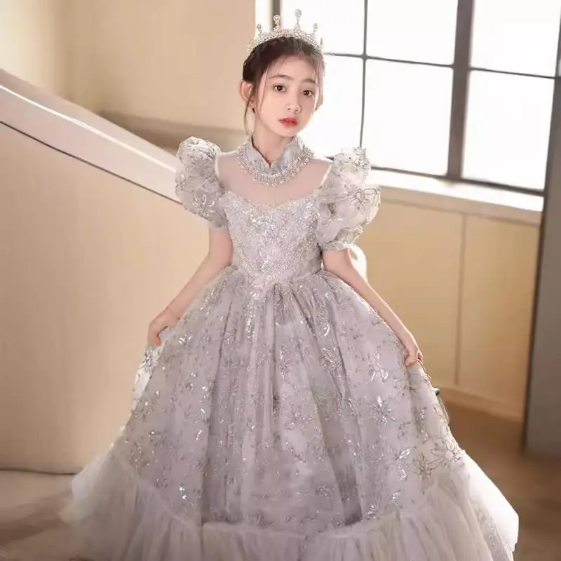 

2024 Luxury Girl Children's Long Dress Elegant Noble Puff Sleeves Ball Gown for Children Kids Formal Evening Party Teen Costume