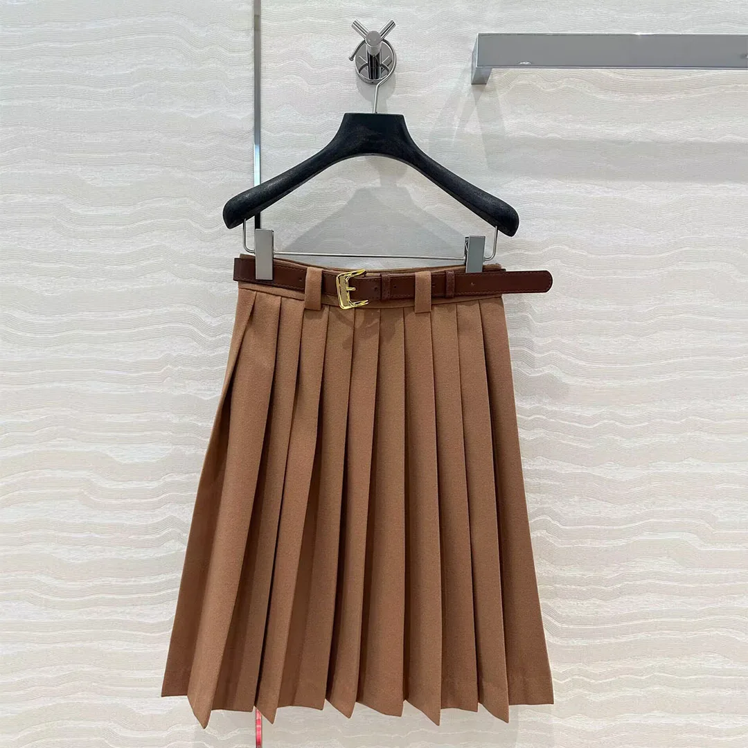 New Spring Autumn Fashion Sweet Gril Solid Color Pleated Midi Skirts Womens High Waist Metal PU Leather Belt Vintage Skirt