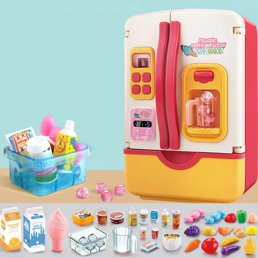 

Fogcroll 1 Set Refrigerator Toy With Food Model Spray Function Colorful Light Fun Music Smooth Surface Novel Plastic Role Play