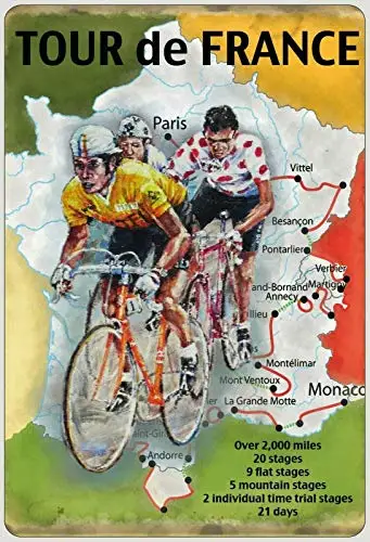 Tour de France Routes Map 8x12 Inches  Retro Metal Tin Sign