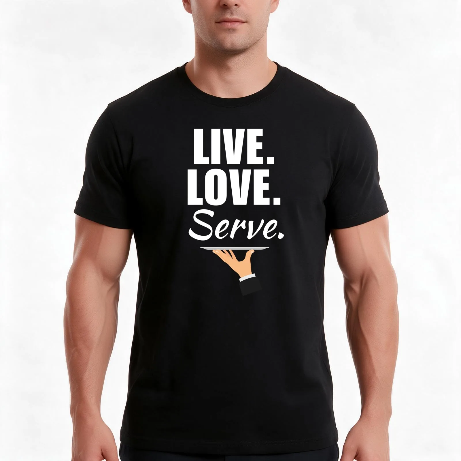 Live love serve. Funny restaurant or bar waiter job employee quote or saying T-Shirt Summer Casual Cotton Tee 100% Cotton