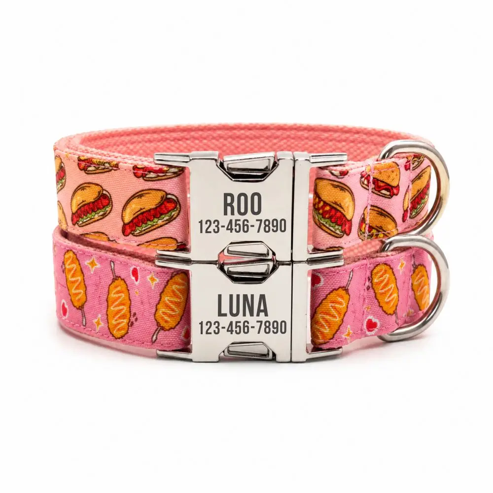 Personalized Hot Dog Pattern Dog Collar with Free Engraved Name Phone Number Custom ID Buckle Puppy Collar Adjustable Pet Collar