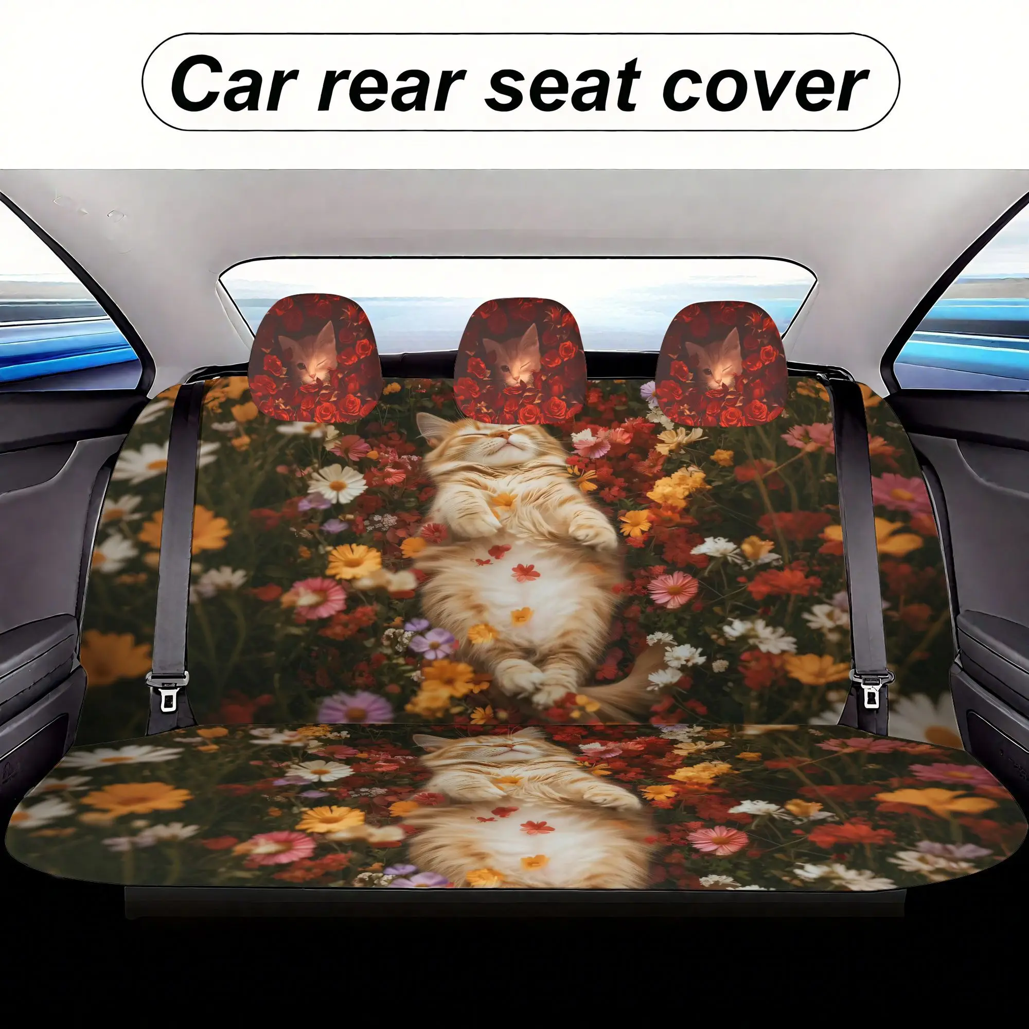 Cat Pattern Design Car  Covers Set - 7pcs, Including 2 Front  Covers + 1 Rear  Back Cover + 1Rear  Cover + 3 Car