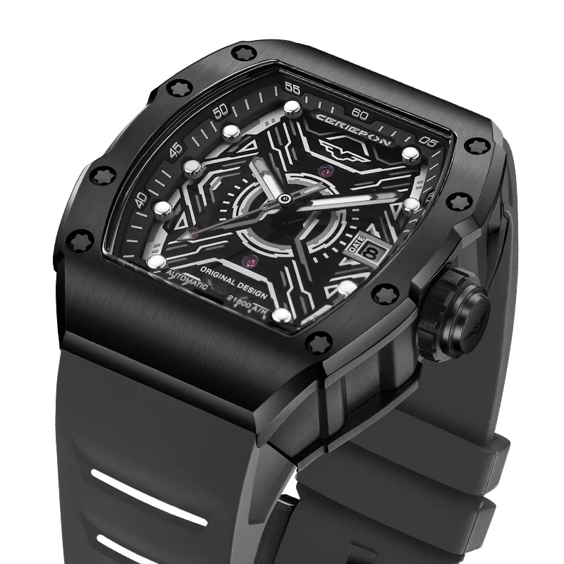 CERIEPON Men's Fully Automatic Watch Wine Barrel Shape 5ATM Waterproof Luminous Rubber Strap Silver Track Series Perfect Gift