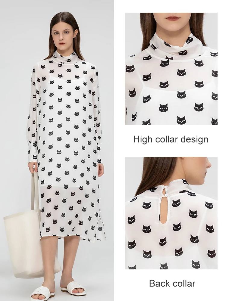 ZEAMOD 2024 Womens 14 Crepe de chine silk cat print casual button women dress