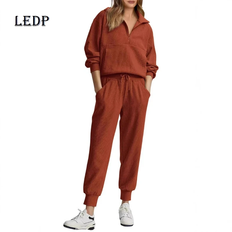 

European American Women's Clothing Autumn New Fashion Semi-zipper Long-sleeved Sports Shirt Top Loose Lace-up Pants Suit Ladies