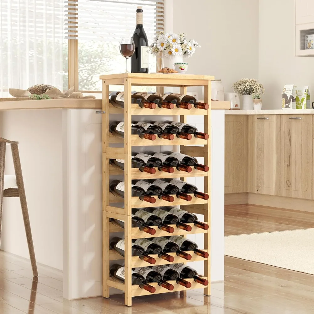 Free Standing Wine Rack com mesa, exibição de madeira maciça, prateleiras de armazenamento de vinho, piso sem oscilação, 7 níveis, 28