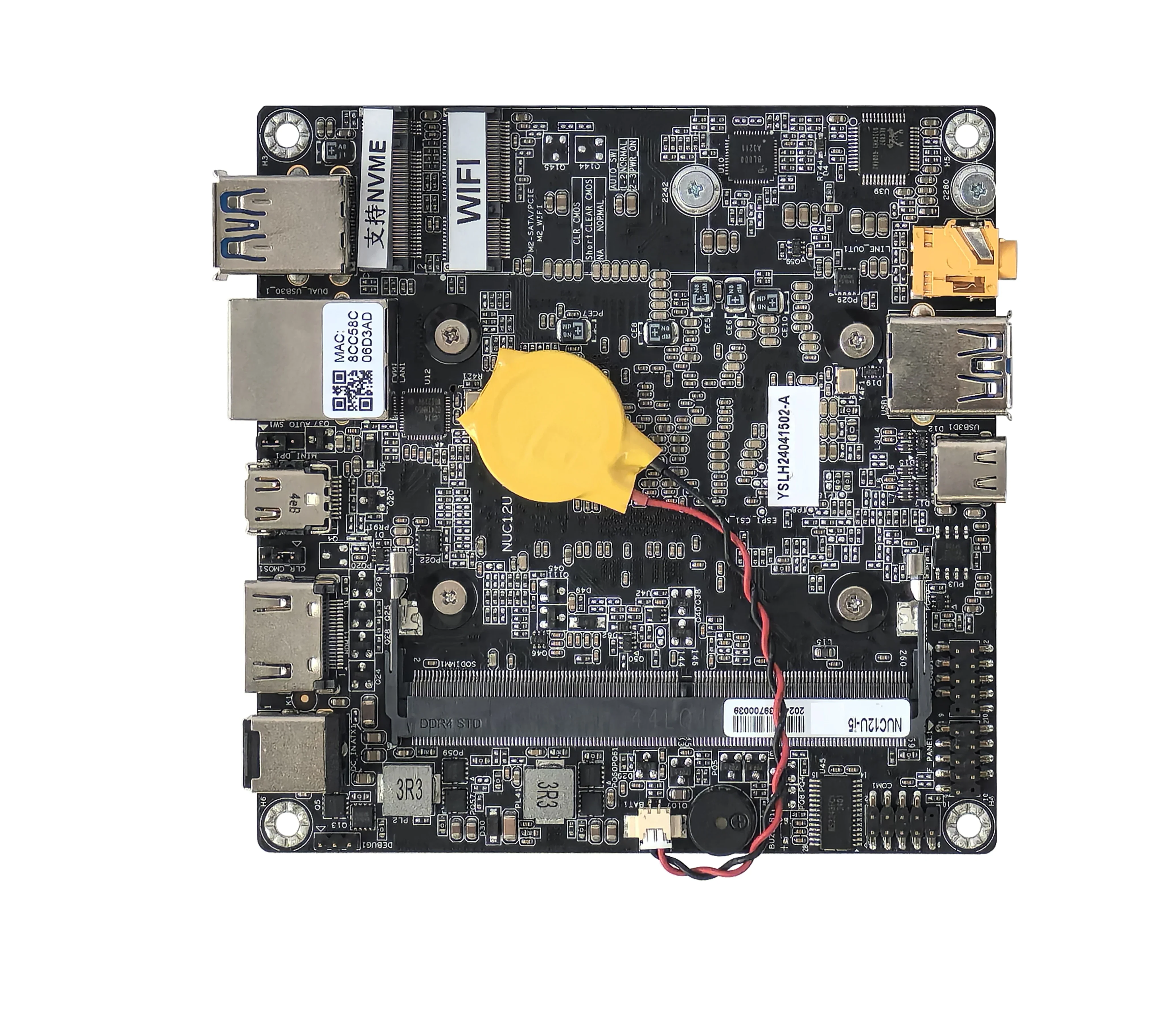 

2025 NUC Motherboard with 13th Core I5 1335U 12V~24V wide voltage Single LAN M.2 4K60Hz Type-C Mini-DP 10*10cm PC Board